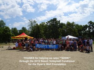 A large group of volunteers at a beach volleyball tournament